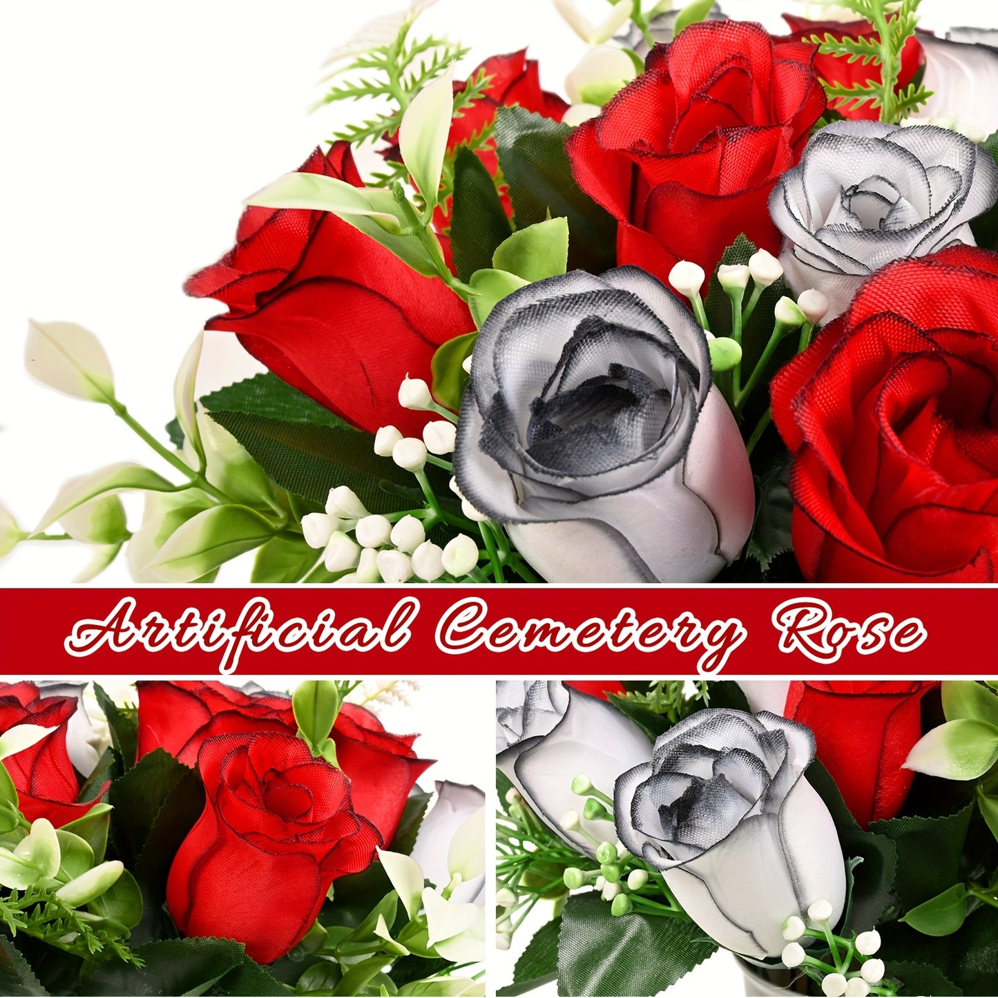 Artificial Cemetery Flowers for Grave with Saddle, Silk Rose Bouquet Headstone Decoration, Memorial Day Grave Flowers, Outdoor Grave Marker Floral Arrangement, 1/2/3 PCS