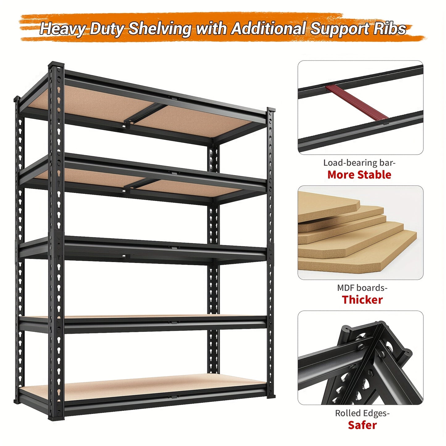 2500 LBS/2000 LBS Garage Shelving 40" W Storage Shelves Heavy-Duty 5-Tier Storage Shelf, 72''H/60"H Storage Shelves Metal Storage Shelving Unit, Adjustable Utility Shelf Rack for Kitchen Warehouse Basement Pantry Utility Rack Shelf, Black