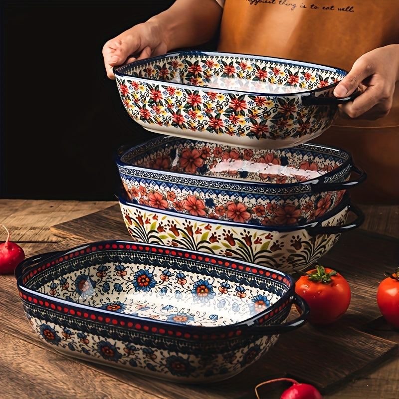 2pcs Bohemian Porcelain Baking Dishes - 13-inch Large Rectangular Baker Set  Elegant Mother's Day Gift for Home Chefs, Kitchen Essentials, Decorative Cookware, Stylish Bakeware, Premium Cookware, Durable Bakeware, Cooking Enthusiasts