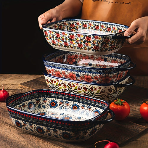 2pcs Bohemian Porcelain Baking Dishes - 13-inch Large Rectangular Baker Set  Elegant Mother's Day Gift for Home Chefs, Kitchen Essentials, Decorative Cookware, Stylish Bakeware, Premium Cookware, Durable Bakeware, Cooking Enthusiasts