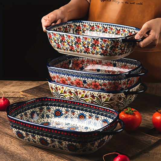 Ceramic Baking Dish Set of 2 Large 13 Inch Rectangular Casserole Dish Porcelain Bohemian Bakeware for Lasagna Roasting Casseroles Oven Safe Red Blue Yellow