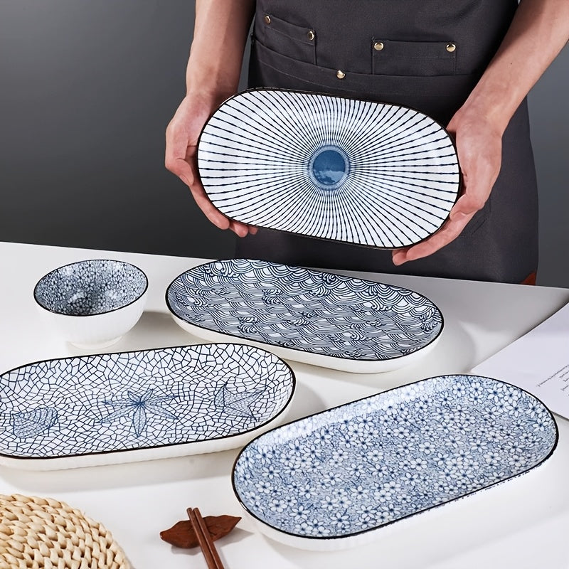 Set Of 4 Japanese-style Fish Plates, 12-inch Underglaze Blue And White Porcelain Ceramic Tableware, Steam Fish Plates for Home Use, Suitable for Steaming And Baking, Microwave And Oven Safe, Thickened Serving Plates, New Tableware Set
