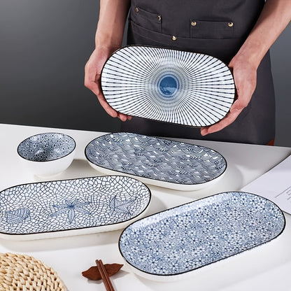 Set Of 4 Japanese-style Fish Plates, 12-inch Underglaze Blue And White Porcelain Ceramic Tableware, Steam Fish Plates for Home Use, Suitable for Steaming And Baking, Microwave And Oven Safe, Thickened Serving Plates, New Tableware Set