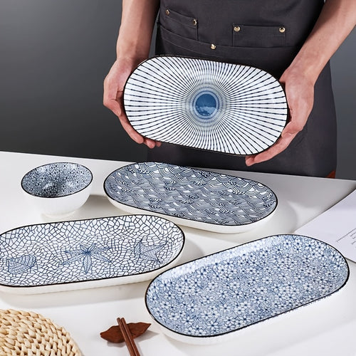 Set Of 4 Japanese-style Fish Plates, 12-inch Underglaze Blue And White Porcelain Ceramic Tableware, Steam Fish Plates for Home Use, Suitable for Steaming And Baking, Microwave And Oven Safe, Thickened Serving Plates, New Tableware Set
