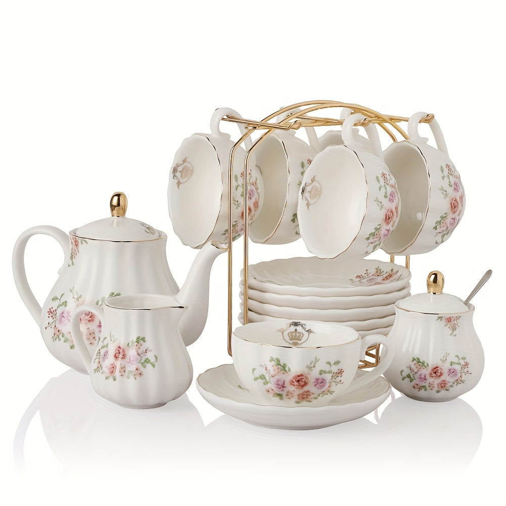 Sweejar Porcelain 22pcs Tea Sets British Royal Series, 8 OZ Cups And Saucer Service for 6, with Teapot Sugar Bowl Cream Pitcher Teaspoons And Tea Strainer, Suitable for High Tea, Wedding, Party