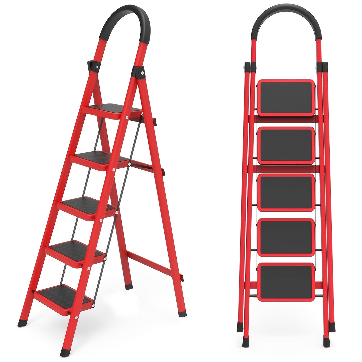 Step Ladder, Folding 2/3/4/5 Step Stool with Wide Anti-Slip Pedal, Sturdy Steel Ladder, Convenient Handrail & Small Storage Slot, Rust-Resistant Material, Lightweight, Portable Step Stool, Suitable for Home, Kitchen, Office Use, Free Gloves&Foot Pad