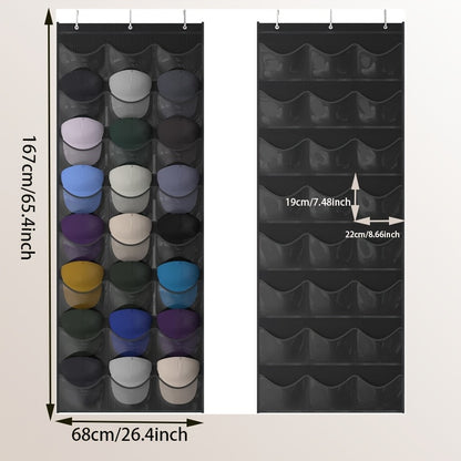 1 Baseball Cap Rack, 24 Pocket Over The Door Hat Organizer, Closet Hat Storage with Large Clear Pockets And 3 Hooks for Hat Protection And Display