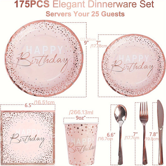 Birthday Party Plates and Napkins Set 175pcs Pink Rose Gold Disposable Tableware Forks Knives Spoons Serves 25 Guests Girl Birthday Party Supplies
