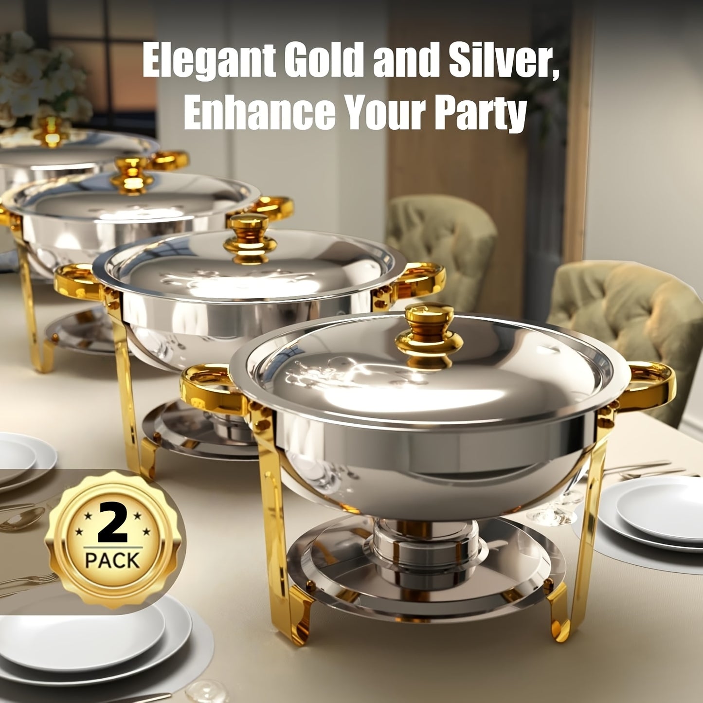 6/9QT Chafing Dishes For Buffet, 1/2/4/6 Pack Round Chafing Dish Buffet Set, High Grade Stainless Steel Buffet Food Warmers Sets For Catering Events Parties Dinners With Complete Set, Golden And Silver, Only For Cooking