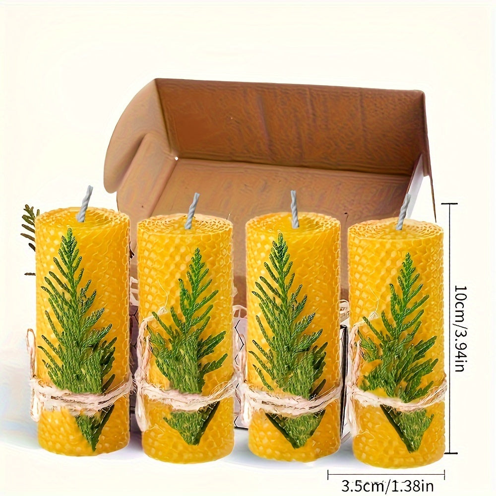 4pcs 100% Beeswax Candles, Gift Box Set of 4 Hand Rolled Pillar Candles for Gift And Home Decor, with Honeycomb Texture for Gift And Candle Decor, Christmas Dinner Candles, Christmas Decorations