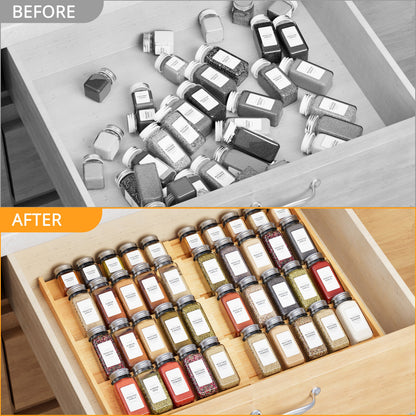 Expandable 4-Tier Bamboo Spice Drawer Organizer For Kitchen Cabinets, Fits Drawers 3" Deep, Adjustable Width 12" To 23", Space-Saving Seasoning Storage Tray (Jars Not Included)