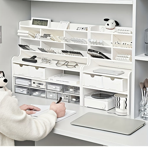 6-Layer Desktop Storage Rack Desk Organizer with File Holder Pen Holder Space-Saving Office Organizer Matte White PVC Stationery Cosmetics Dormitory Bookshelf Partition Box Multiple Sizes