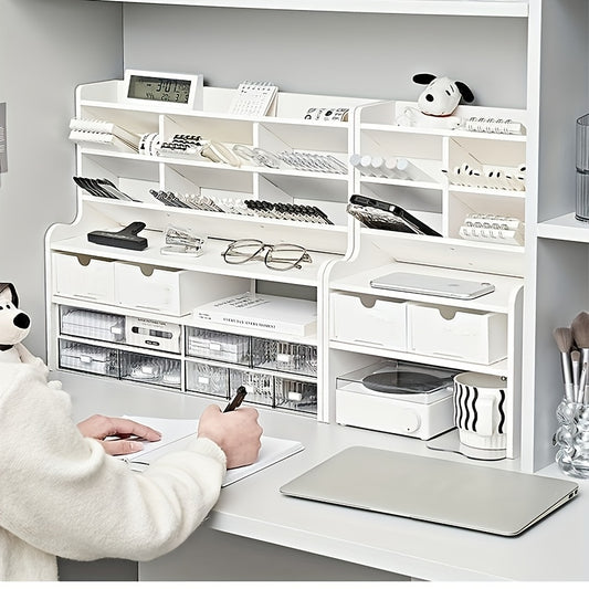1pc 2-Tier Desk Organizer & Drawer Storage|with Tilt Pen Holder, Raised Bookshelf |Matte White PVC for Stationery, Cosmetics, Office Supplies |Space-Saving Partition Box Dormitory Storage Box/modern/partition Storage Box, Desk Storage Box Accessories