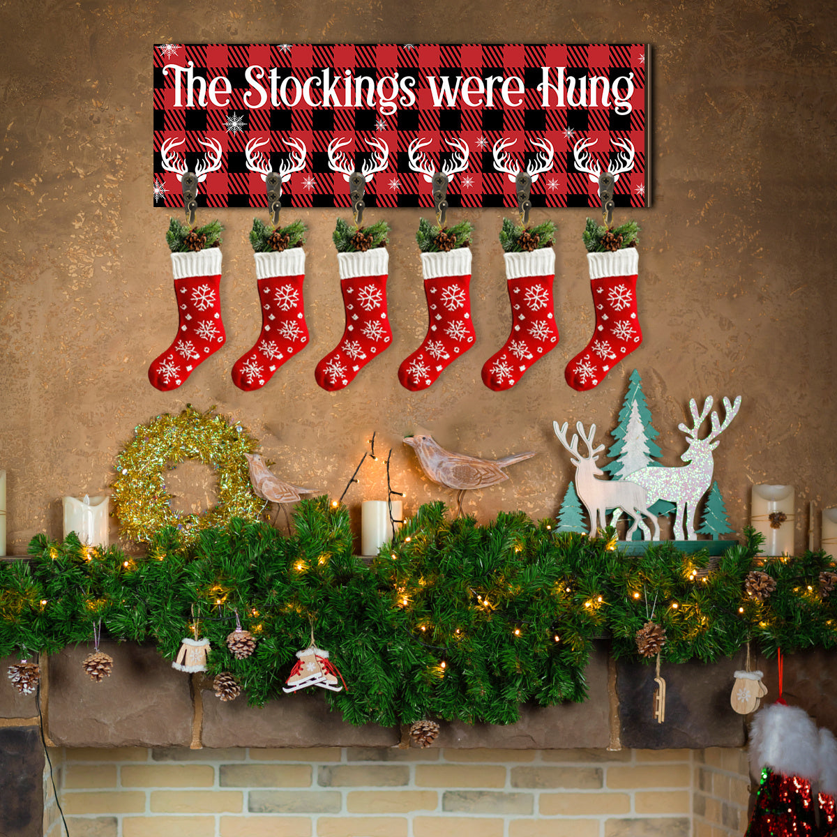 A Single Christmas Stocking Holder Featuring Six Hooks, Designed to Hang Stockings on a Wooden Sign. This Decorative Wall Hook Rack Is Perfect for Mantels, Showcasing The Phrase 'The Stockings Were Hung' in a Snowflake Design