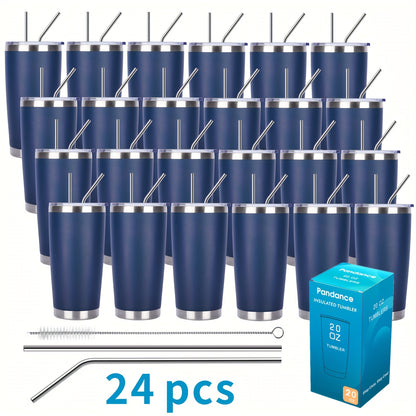 8/12/24pcs 20Oz 304 Stainless Steel Insulated Tumblers with Lid And Straw Bulk, Double Wall Vacuum Water Cups for Hot & Iced Coffee Drinks Travel Mug