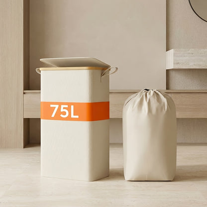 Slim Laundry Hamper With Lid, Narrow Laundry Basket With Removable Bag & Bamboo Handles, Fodable Thin Dirty Clothes Hamper, Laundry Collapsible Bin For Bathroom Bedroom Dorm, Room Decor, Storage And Organization, 13.21gal/17.17gal/19.81gal, Laundry Hamper