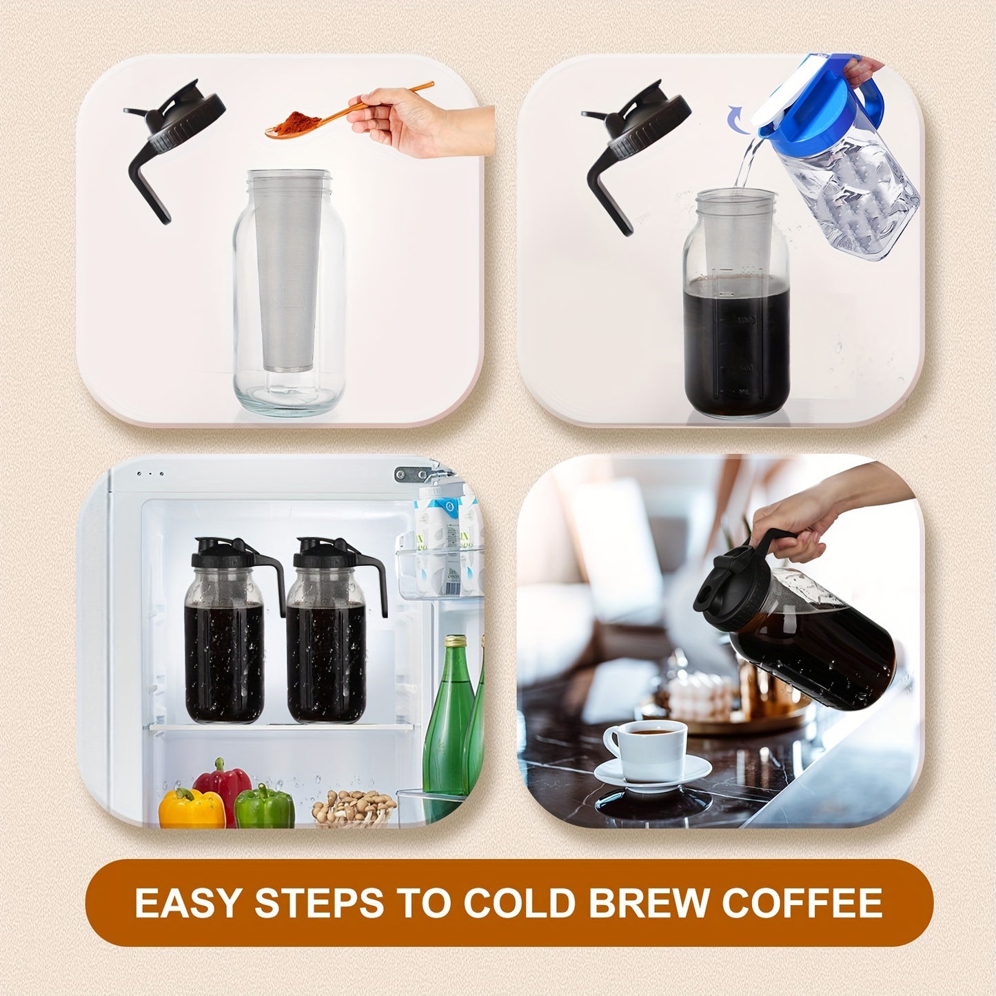 2 Sets Of 64oz Cold Brew Coffee Pots with Filters And Brushes, Household Coffee Pots, Professional Filtering Coffee Pots, 64oz Capacity, Including Stainless Steel Filters, Household Black Mason Cans (2 Sets Of Cans+2 Filters+1 Cleaning Brush)