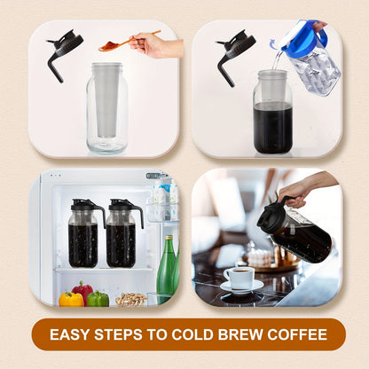 2 Sets Of 64oz Cold Brew Coffee Pots with Filters And Brushes, Household Coffee Pots, Professional Filtering Coffee Pots, 64oz Capacity, Including Stainless Steel Filters, Household Black Mason Cans (2 Sets Of Cans+2 Filters+1 Cleaning Brush)