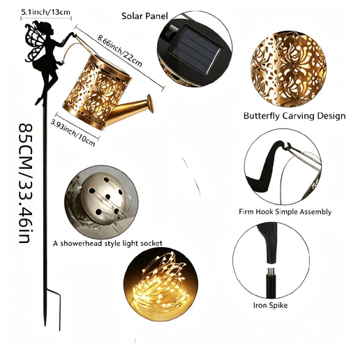 2pcs Solar Watering Can Lights, IP65, Hanging Solar Waterfall Lights, Festival Decorations, Outdoor Holiday Ornaments, Solar Watering Can Lamp with String Lights, Ground Plug Solar Garden Lawn Lights, Perfect for Christmas Gifts