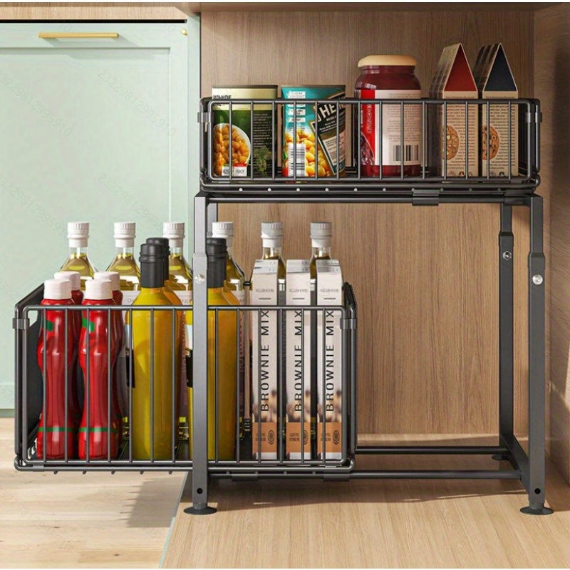 2-Tier Pull-Out Organizers, Space-Saving 2-Tier Under Sink Organizer with Adjustable Height, Sturdy Carbon Steel, Kitchen Storage Shelf, Space-Saving Cabinet Organizer, Kitchen Organizers And Storage
