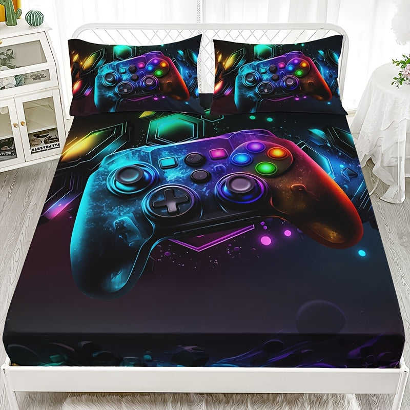 3pcs Gaming Bed Sheet & Mattress Protector Suitable for Boys and Girls, Gamepad Bedding with Deep Pocket Fitted Sheet + 2 Pillowcases, Machine Washable Bed Sheets for Dorm Room Decor, Gift for,, Gamers (No Filling)