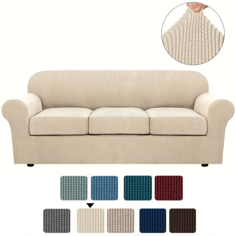 Stretch Sofa Cover Elastic Slipcover Grid Pattern Jacquard Anti-Slip Full Coverage Sofa Protector Machine Washable for 1 2 3 Seater XL Sofa Living Room Bedroom