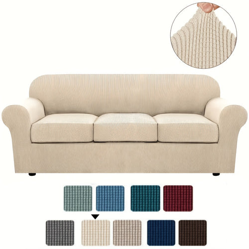 Stretch Sofa Cover Elastic Slipcover Grid Pattern Jacquard Anti-Slip Full Coverage Sofa Protector Machine Washable for 1 2 3 Seater XL Sofa Living Room Bedroom