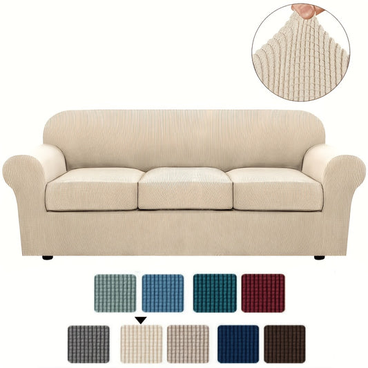 Stretch Sofa Cover Elastic Slipcover Grid Pattern Jacquard Anti-Slip Full Coverage Sofa Protector Machine Washable for 1 2 3 Seater XL Sofa Living Room Bedroom