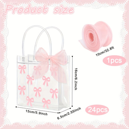 24 Clear PVC Gift Bag with Pink Bow And A Roll Of Ribbon, Pink Bow Party Favorite Bag, Relax Tote Bag, Wedding Birthday, Baby Shower, Valentine's Day Party, for Parties, Festivals, WeddingsChristmas