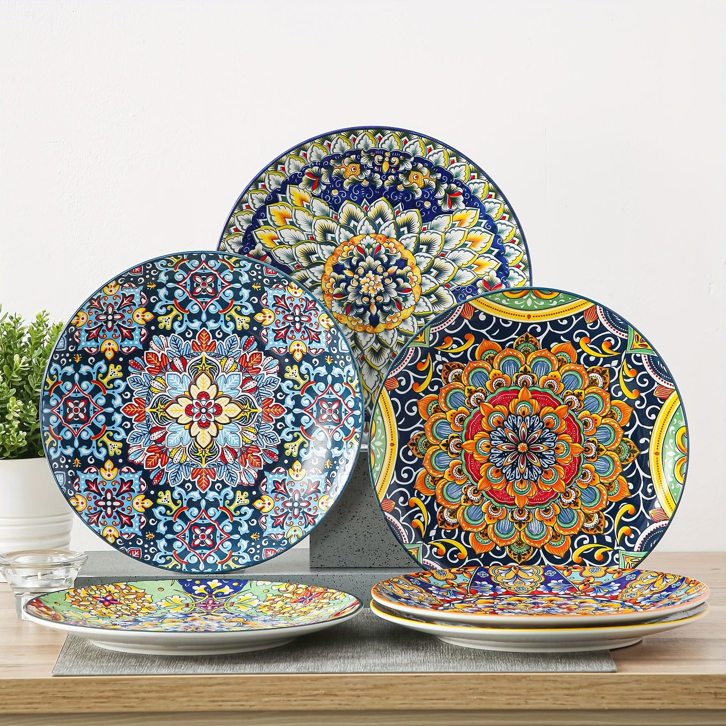 10.5 Inch Colorful Bohemian Style Dinner Plates, Set Of 6