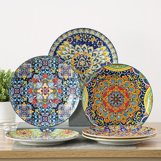 Bohemian Dinner Plates Set of 6 – 10.5 Inch Colorful Stoneware Plate Set Microwave Dishwasher Safe Scratch Resistant Porcelain Dinnerware for Home Restaurant Cafe Boho Kitchen Decor Gift