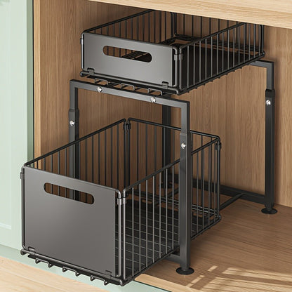2-Tier Slide-Out Under Sink Organizer, Sliding Drawer Organizer, Metal Basket for Storing in Kitchen And Bathroom, Height Adjustable, Under-Sink Cabinet Organizer
