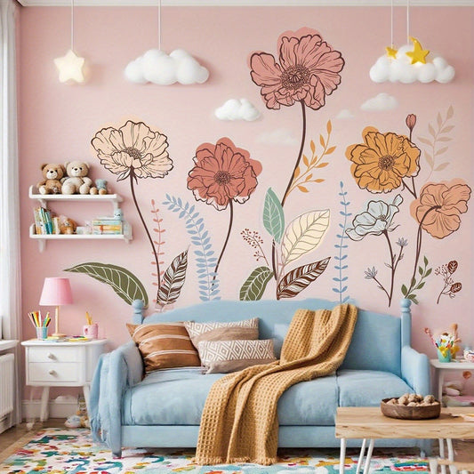 Bohemian Floral Wall Decals Featuring Wildflowers, Perfect for Decorating Living Rooms And Bedrooms. These Self-Adhesive Stickers Include Designs of Flowers And Fruits, Ideal for Enhancing The Walls of Your Living Space And TV Area