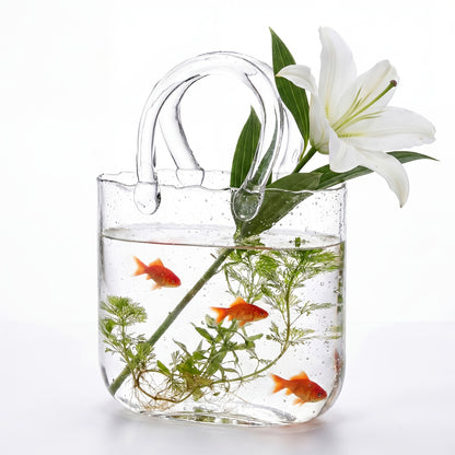 WHONLINE 1/2pcs Glass Purse Vase for Flowers, Glow-In-The-Dark Vase, Fish Bowl with Bubble, Clear Bag Vase with Handle And Bubbles, 7.7X3.9X10.4In, Unique Decorative Vases for Centerpieces Wedding Table Decorations, for Christmas