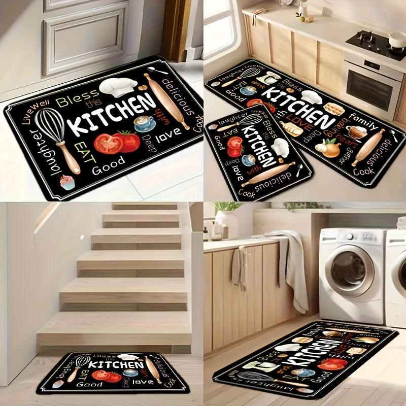2pcs Black Kitchen Floor Mats, Kitchen Style Pattern Diatomaceous Earth Foot Mats, Hallway Running Long Mats, Soft, Comfortable, Easy to Clean, Suitable for Bathroom, Kitchen, Bedroom Entrance And Hallway Decoration