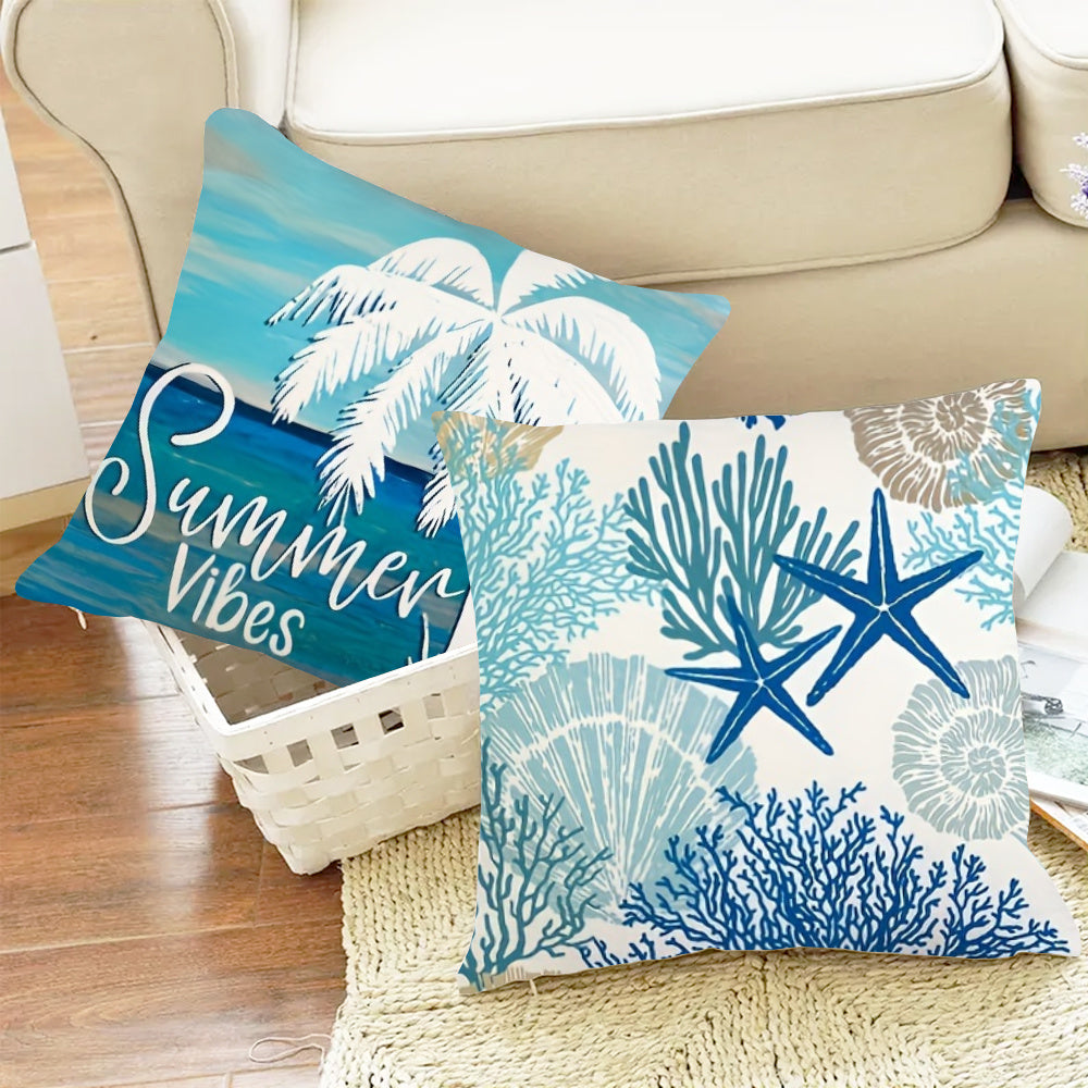 4pcs Set, Summer Ocean Beach Style Pillowcase, 18 Inches, Marine Life Shells Starfish Seahorse Turtle Coastal Outdoor Decorative Pillowcase