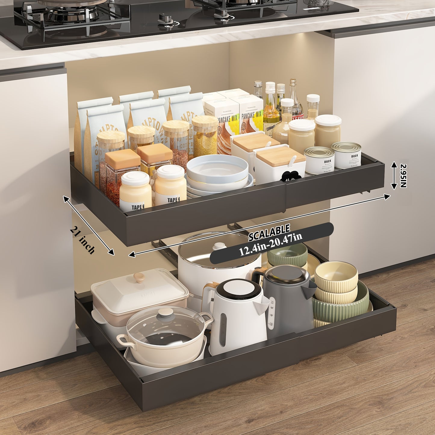 1pc or 2pcs Heavy-Duty Adjustable Pull-Out Cabinet Organizer - Under Sink/Countertop Storage, Expandable Drawer Organizer (12.59-20.47 Inches), Space-Saving Kitchen Organizer for Pots, Pans, Spices, Utensils - Easy Assembly, Powder-Coated Finish - Ideal f