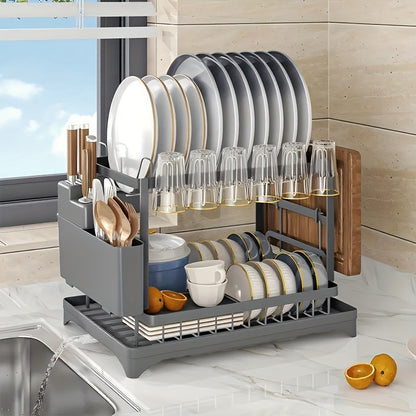 2 Tier Dish Drying Rack for Kitchen Counter, Dish Drainers for Kitchen Counter with Drainboard, Metal Kitchen Dish Rack with Drain, Kitchen Drying Rack Two Tier, Black Dish Racks