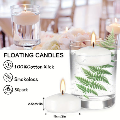 2-Inch 50-Pack Floating Candle (Approx. 1.97inch*0.79inch) Holiday Candles, Perfect for Weddings, Graduation Season, Back-to-School, Halloween, Christmas Decorations