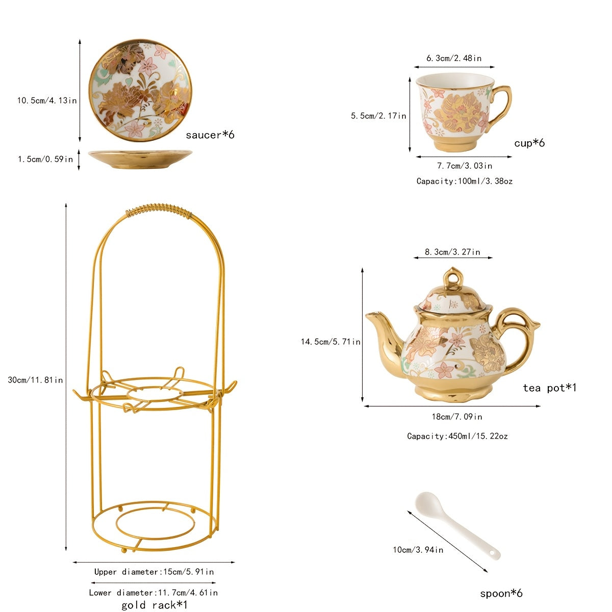 20pcs Porcelain Floral Espresso Tea Set with Metal Holder and 15oz/450ml Teapot European Ceramic Turkish 3.3oz/100ml Coffee Cup and Saucers Luxury Arabic Ceramic Tea Cups for Espresso Cappuccino Latte Mocha Gift for Afternoon Tea And Gift