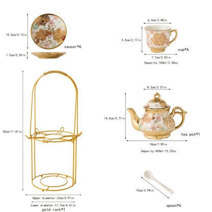 20pcs Porcelain Floral Espresso Tea Set with Metal Holder and 15oz/450ml Teapot European Ceramic Turkish 3.3oz/100ml Coffee Cup and Saucers Luxury Arabic Ceramic Tea Cups for Espresso Cappuccino Latte Mocha Gift for Afternoon Tea And Gift