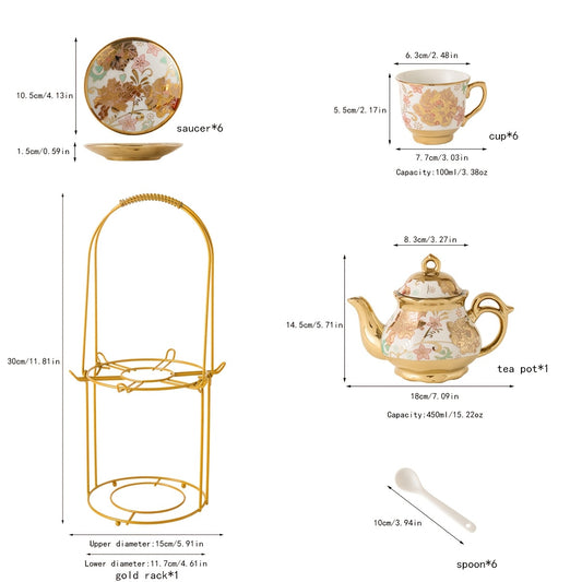 Floral Ceramic Tea Set 20 Pcs – European Porcelain Tea Cups & Saucers with Metal Holder & 15 Oz Teapot – Luxury Arabic Coffee Cup Set for Espresso, Cappuccino & Afternoon Tea – Elegant Gift