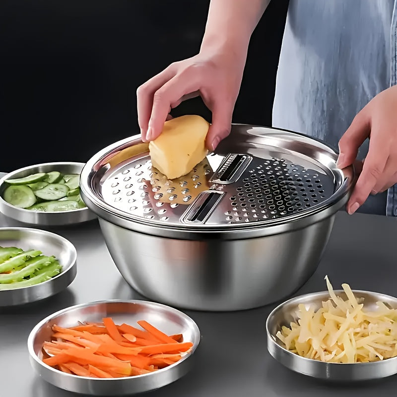 A Three-Part Kitchen Preparation Set Made of Stainless Steel, Featuring Food-Safe Mixing Bowls, a Built-In Grinder, a Removable Multi-Layer Slicing Insert, And a Drainage System, Ideal for Washing And Slicing Fruits, Vegetables, And Cheese