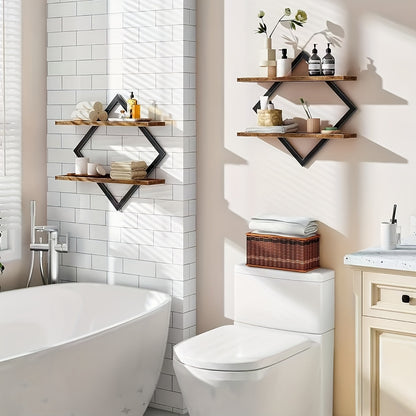 2/4pcs Double Layer Geometric Diamond Wall Floating Shelf Decorative Industrial Hanging Metal Wire Wooden Display Stand, Simple Style Wall Floating Stand, Artistic Style, Suitable for Living Room Kitchen, Floating Shelves