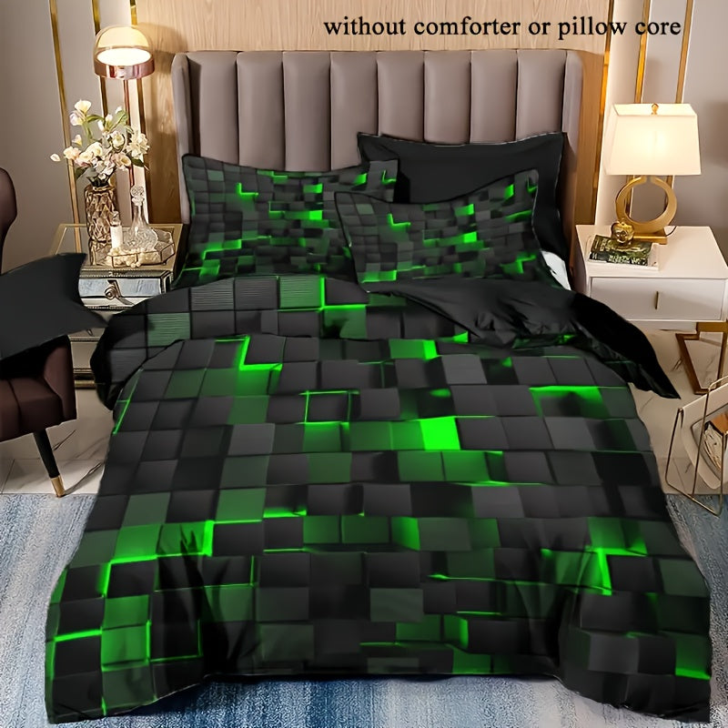 3D Geometric Cube Design Quilt Cover Set | 3-Piece Polyester Bedding | Black & Blue Grid Print | All-Season Soft Cover | 1 Duvet Cover + 2 Pillowcases | Machine Washable