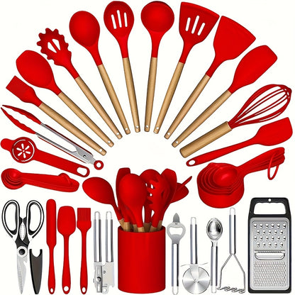 Silicone Cooking Utensils Set 35-Piece with Holder Rack Wooden Handle Heat Resistant Kitchen Tools for Non-Stick Pans – Complete Kitchen Utensil Set in Multiple Colors