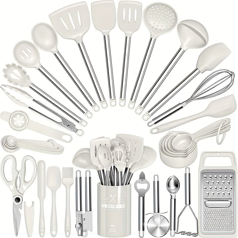 Kitchen Utensils Set-34pcs Silicone Cooking Utensils Set for Nonstick Cookware-Silicone Spatulas Set, Stainless Steel Handle-Black Kitchen Gadgets Tools, Pots And Pans Accessories, SKROAM father gift