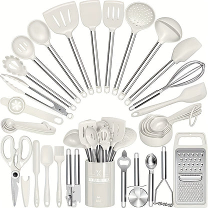 Kitchen Utensils Set-34pcs Silicone Cooking Utensils Set for Nonstick Cookware-Silicone Spatulas Set, Stainless Steel Handle-Black Kitchen Gadgets Tools, Pots And Pans Accessories, SKROAM father gift