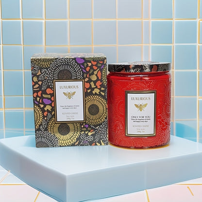 Scented Candle in Relief Glass Cup – Aromatherapy Home Fragrance with Crystal Embellishment, Single Wick, Multiple Scents – Jasmine, Tuberose, Amber, Sage & More