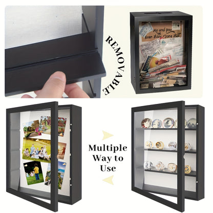 Shadow Box Frame with Linen Back – Large Rustic Memory Display Case 11x14 & 12x16 Inch for Photos, Medals, Coins, Pins, Flowers & Collectibles, 4 Removable Shelves, Black White Brown